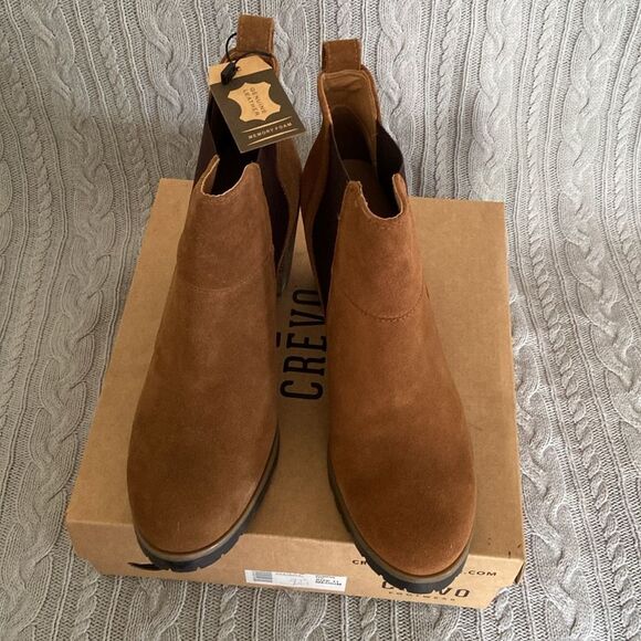 Crevo Alicia Tan Brown Leather Suede Round Toe Block Heel Casual Fall Boots - Picture 2 of 12